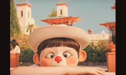 a child with brown hair and nose in a photo with a hat on
