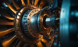 inside view of large metal jet engine and turbine