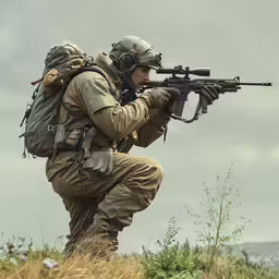 a man with a rifle standing in the grass