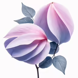 two pink flowers with leaves, each in a flower