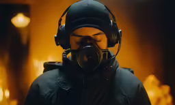 a man in a gas mask standing next to an oven