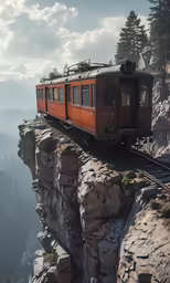 there is an orange trolly train that goes over a mountain
