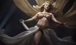 a woman dressed in a beautiful nude outfit is posing