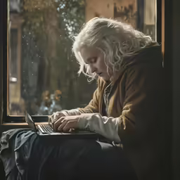 a lady is typing on a laptop with white hair