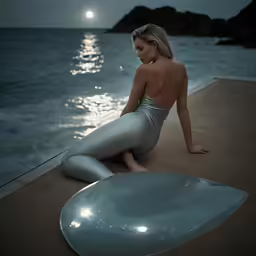 a woman in metallic fishnet and silver swimsuit