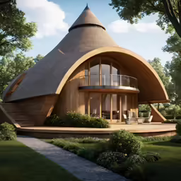a rendering of a unique house with a round roof