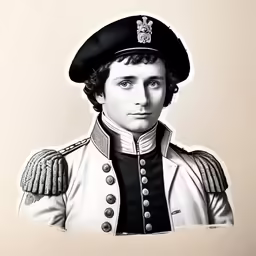 a man in a uniform with the cap on and laurel badge on his coat