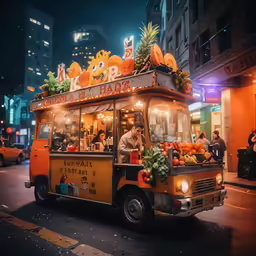 an orange food truck on a city street at night
