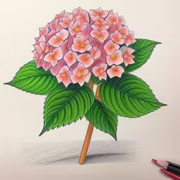 a drawing with colored pencils showing some flowers,a drawing of pink flowers and green leaves