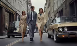 a group of people walking down a street with an old car behind them