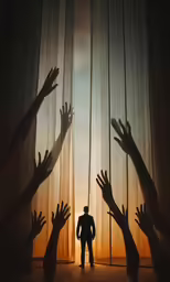 silhouettes of hands coming out from a stage curtain while a cowboy in black stands between them