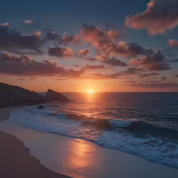 the sun is setting over the ocean on the beach