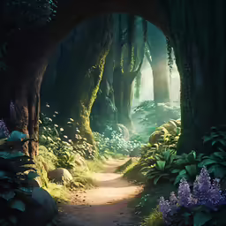 an animated painting of a forest path