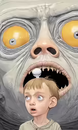 a boy staring at an ugly creature with his mouth open