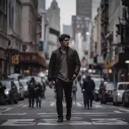 a man is walking down the street near many vehicles