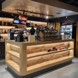 this coffee shop has a counter on one side