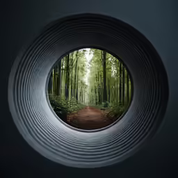 an image of a forest through the outside of a metal tube