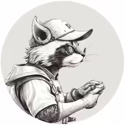 a drawing of a raccoon wearing a baseball cap and glasses
