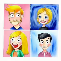 a group of four cartoon avatars,the people are all drawn with different cartoon faces,four cartoon character with different expressions,a group of three faces in cartooning style,a portrait of three different people with different facial expressions