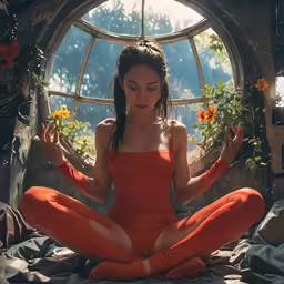 a woman sits in the middle of a bed with flowers