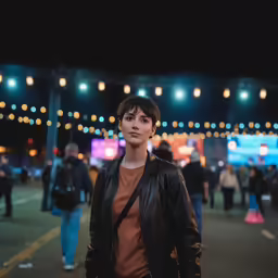 a woman standing in front of people on a city street