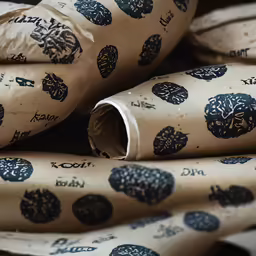 rolled up brown wrapping paper with black tree designs on it