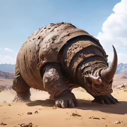 the rhinoceros is looking very dirty in the desert