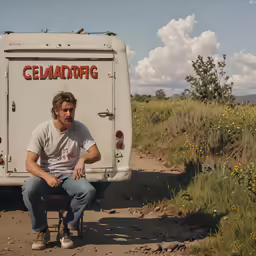 man sitting on a chair beside an rv that has advertising for genarg