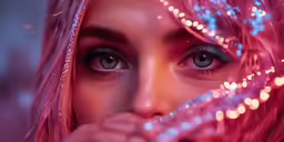 a beautiful woman with blue eyes and pink hair is posing for the camera