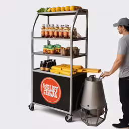man using small food cart to store fruit