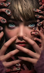 a female with blue eyes and nails covering her face
