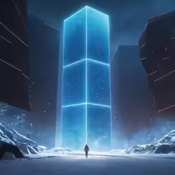 a man standing in front of a tall building with bright stars in the sky
