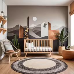 a nursery with a white crib and artwork and wooden furniture