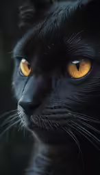 the black cat has large, yellow eyes