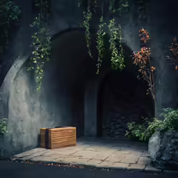 a bench sits outside of an archway near some trees