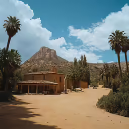 an old adobe village in front of a large mountain range
