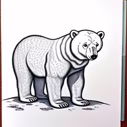 an ink drawing of a polar bear on paper,a polar bear drawing with black and white pen