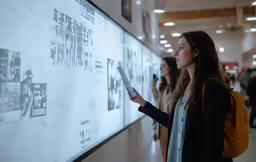 woman looking at a video screen in a hallway
