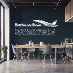 an airplane advertisement is painted on the wall behind a dining room table