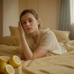 a woman in a tan shirt is sitting on a bed with slices of lemon