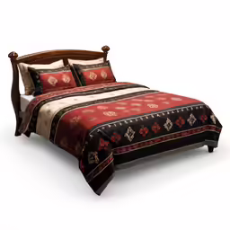 a bed with red and brown sheets and pillows