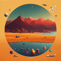 a view from inside a circular photo of a desert,an illustration of some desert with mountains and an airplane flying by