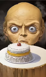 a cake in front of a creepy looking face
