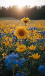 the sun is shining over the yellow flowers