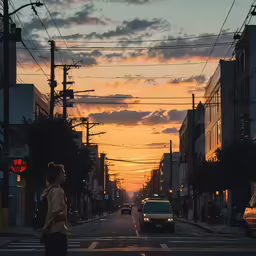 a sunset over a busy city with some cars on the road