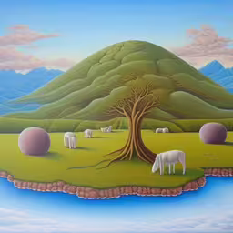 a painting of sheep grazing on a lush green hill,an artist depicts the lush green countryside of a mountain,a painting of a tree on a green landscape,the painting is on display at the museum,a painting of a pasture and cows is featured on this picture