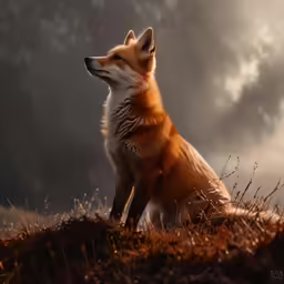 a red fox sitting in the grass looking up