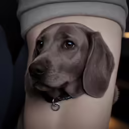 a dog has its leg exposed and sits behind a human leg