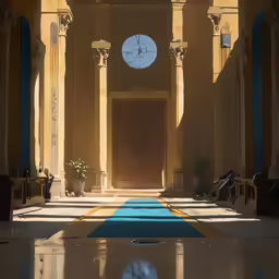 a hallway with a blue carpet and arched doorways