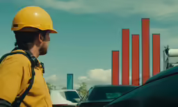 a man is wearing a hard hat while standing in front of a car